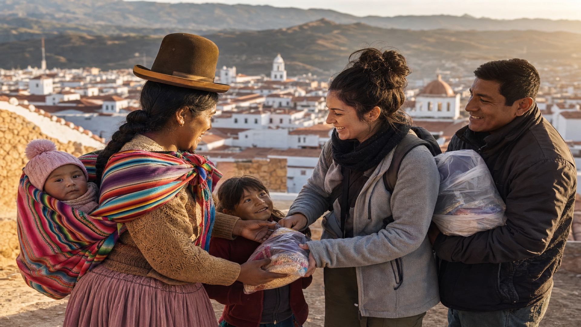 Familia boliviana recibiendo apoyo comunitario en Sucre